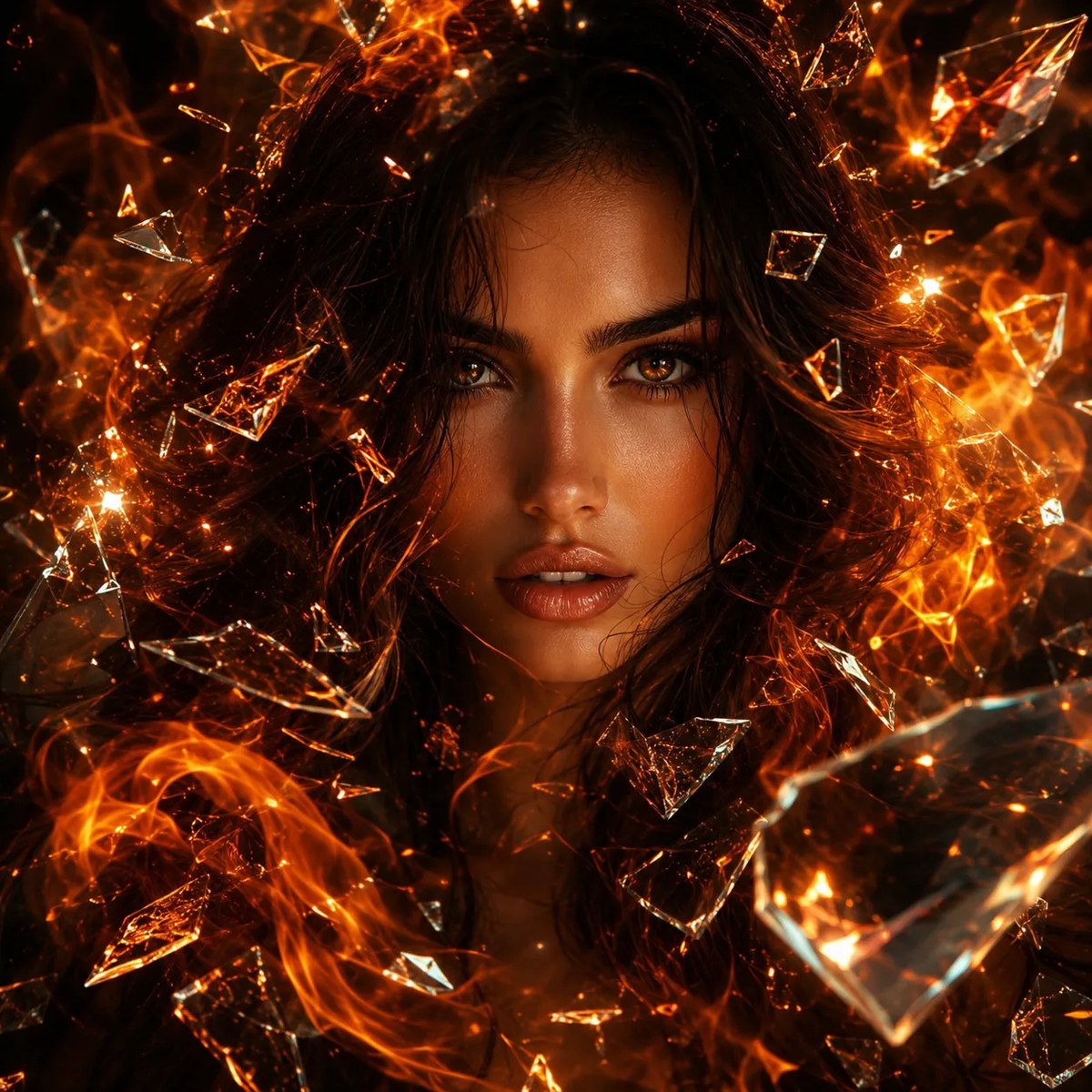 Cinematic Woman Portrait with Fire and Shattered Glass