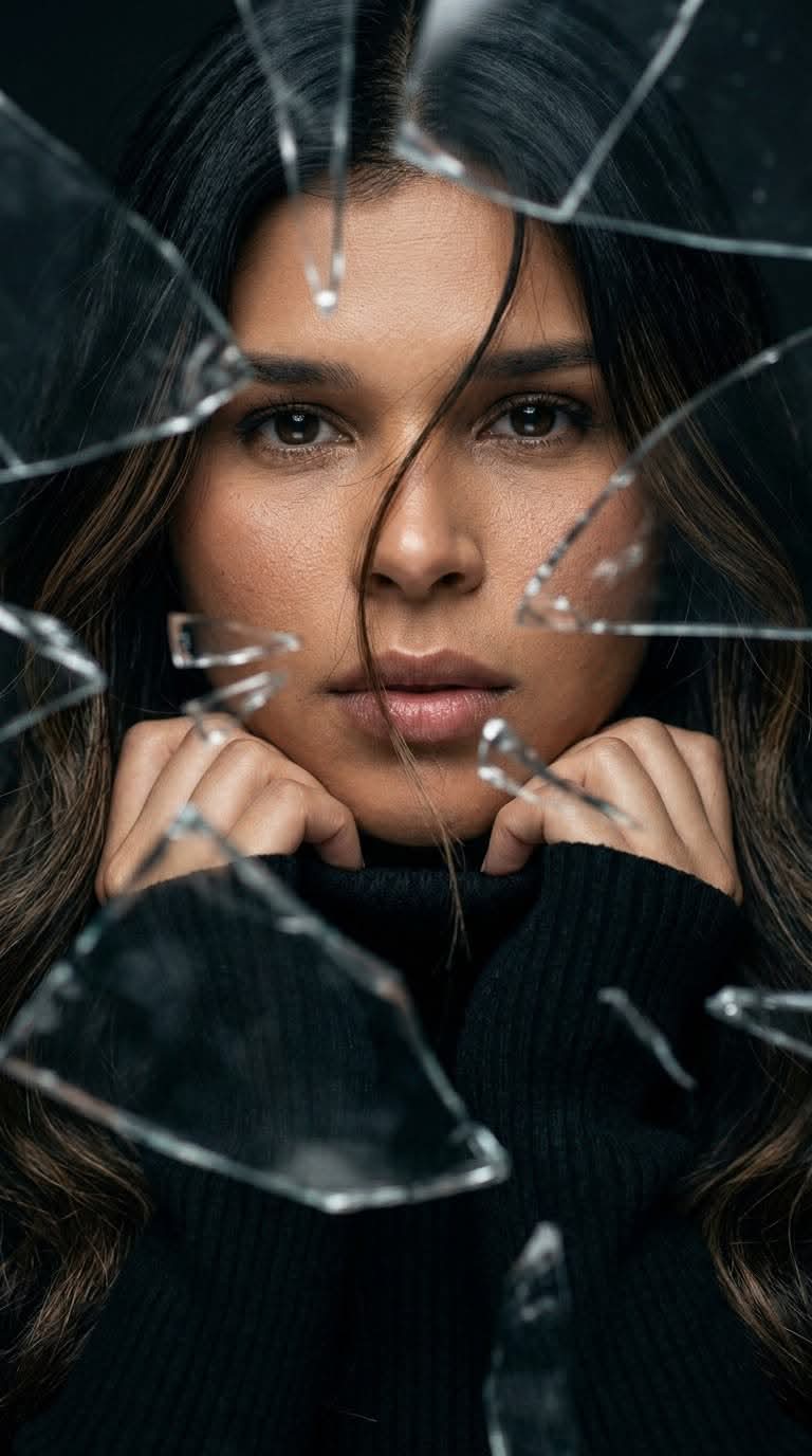 Cinematic Close-Up Portrait Through Broken Glass output 1