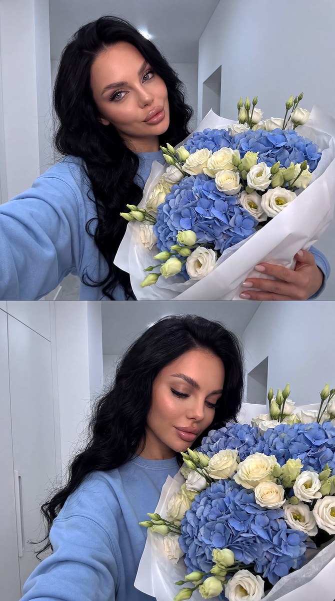 Two-View Selfie with a Blue Hydrangea Bouquet