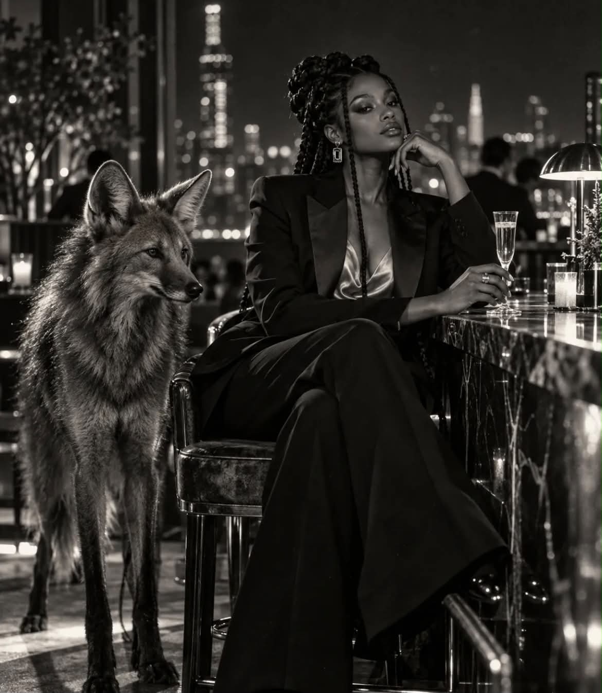 Black-and-White Neo-Noir Portrait with an Animal