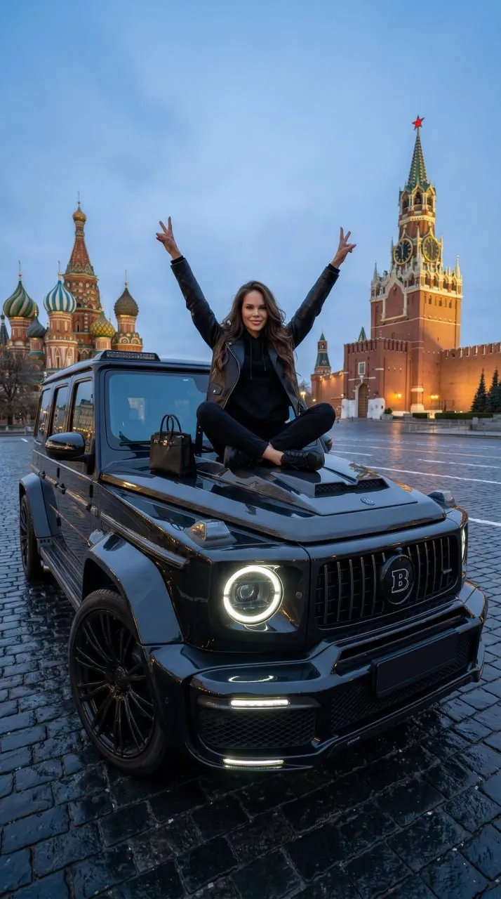 Low-Angle G63 Lotus-Pose Portrait on Red Square output 2
