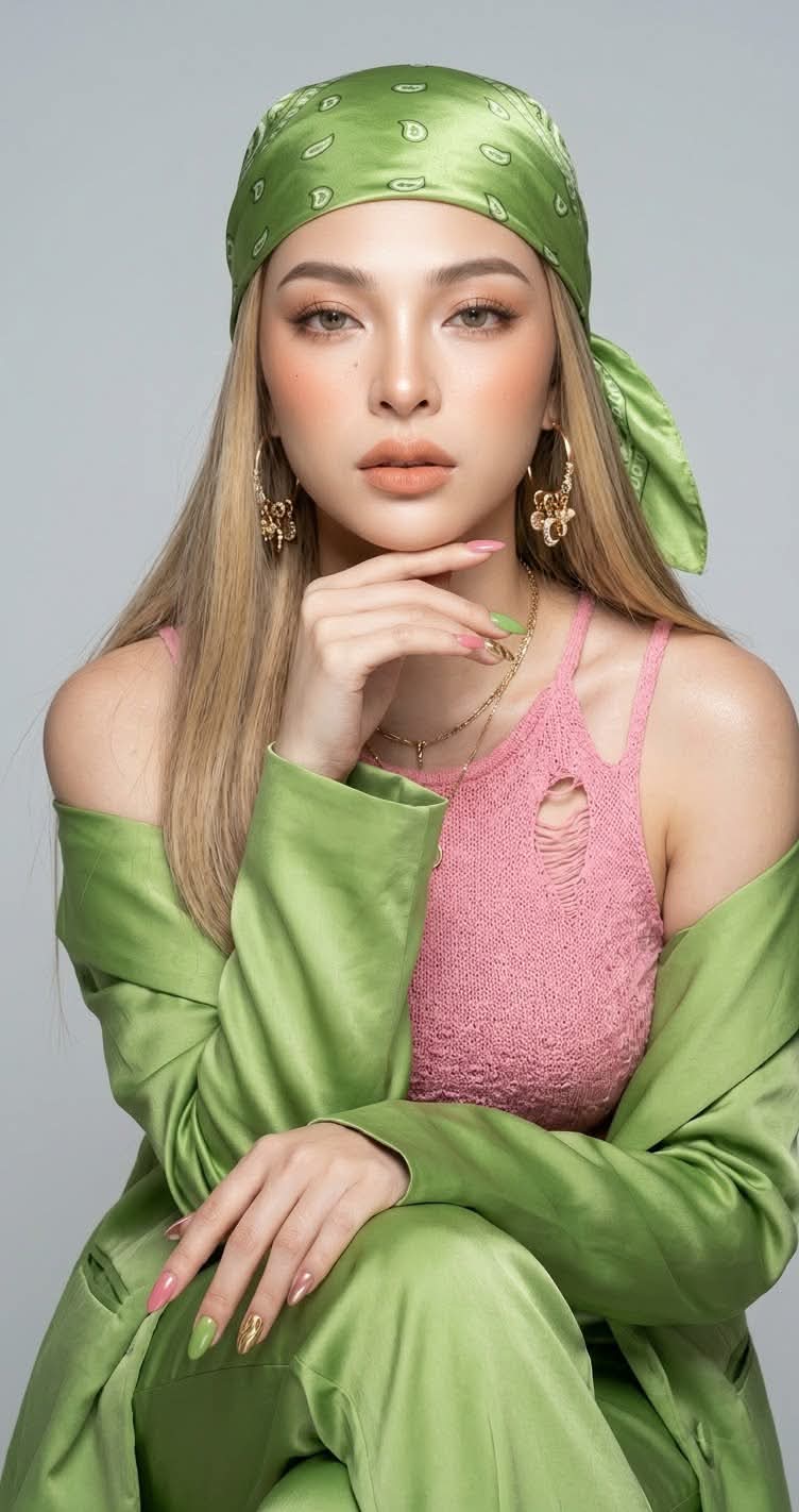 High-Fashion Apple-Green Satin Studio Portrait output 5