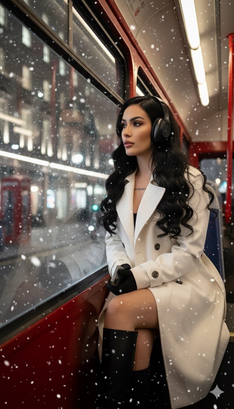 Young Woman on a Snowy London Bus