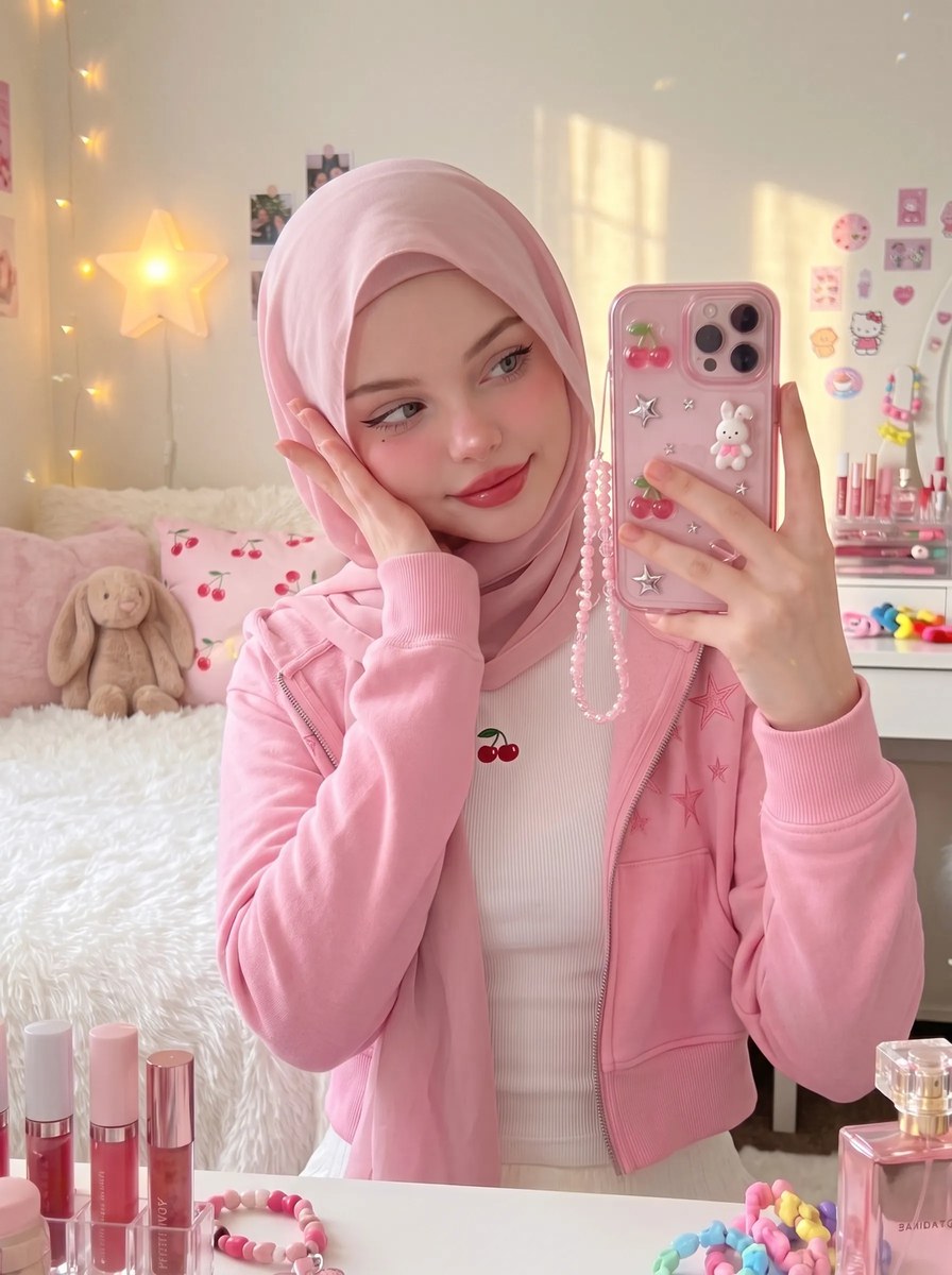 Pink Hijab Bedroom Mirror Selfie output 6