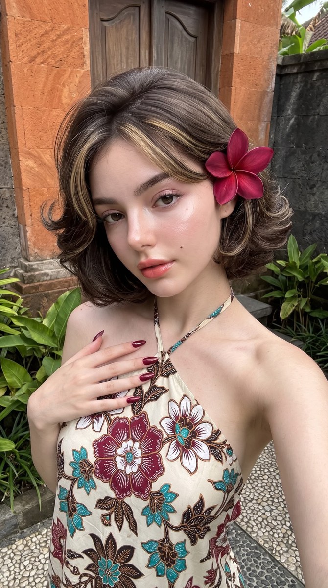 Tropical Terrace Selfie with a Burgundy Frangipani output 1