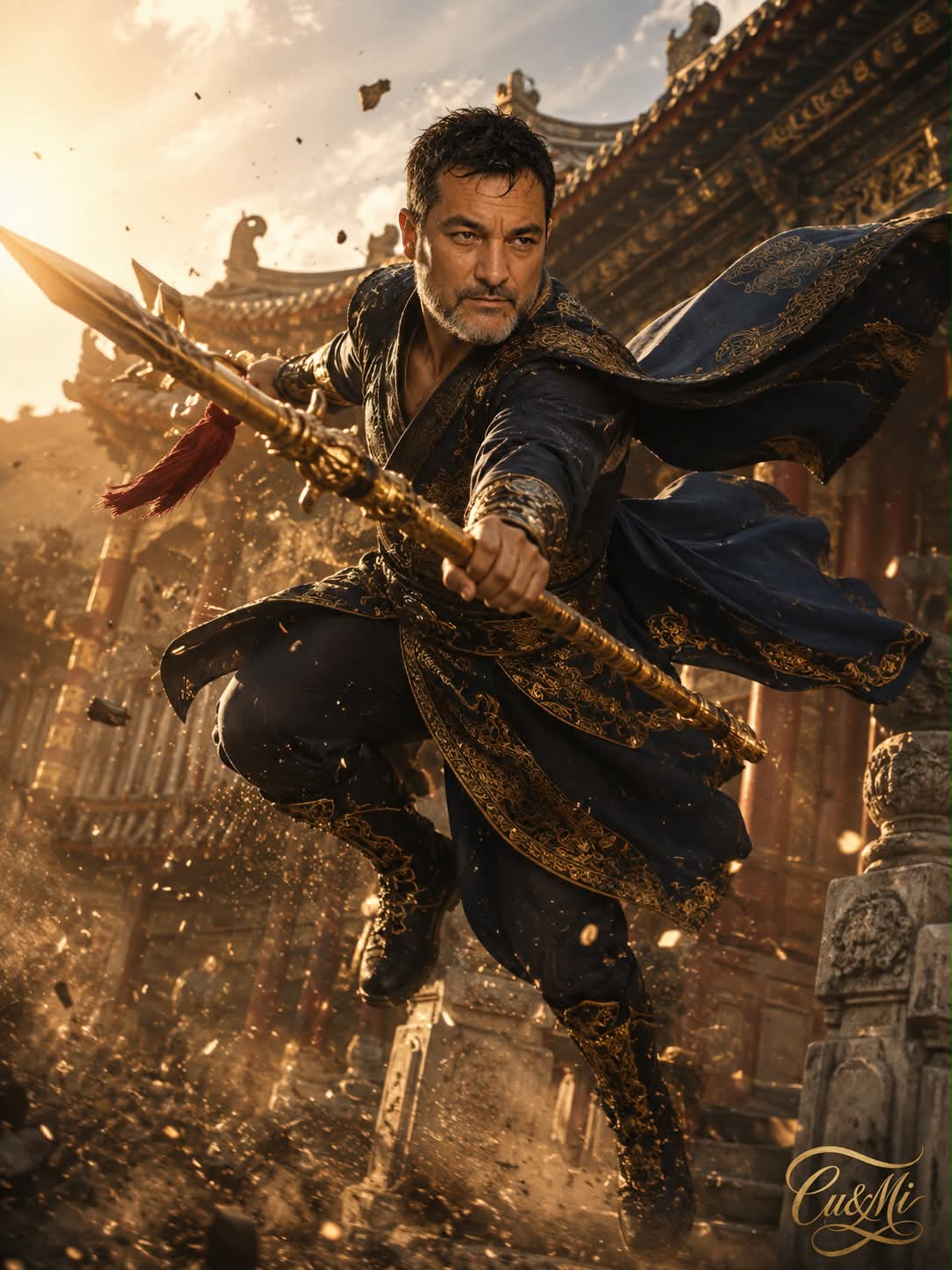 Photorealistic Wuxia Warrior in Midair