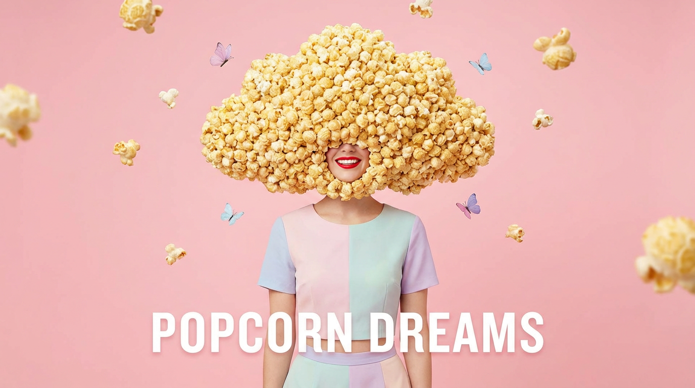 Surreal Popcorn-Covered Head Advertisement Image output 1