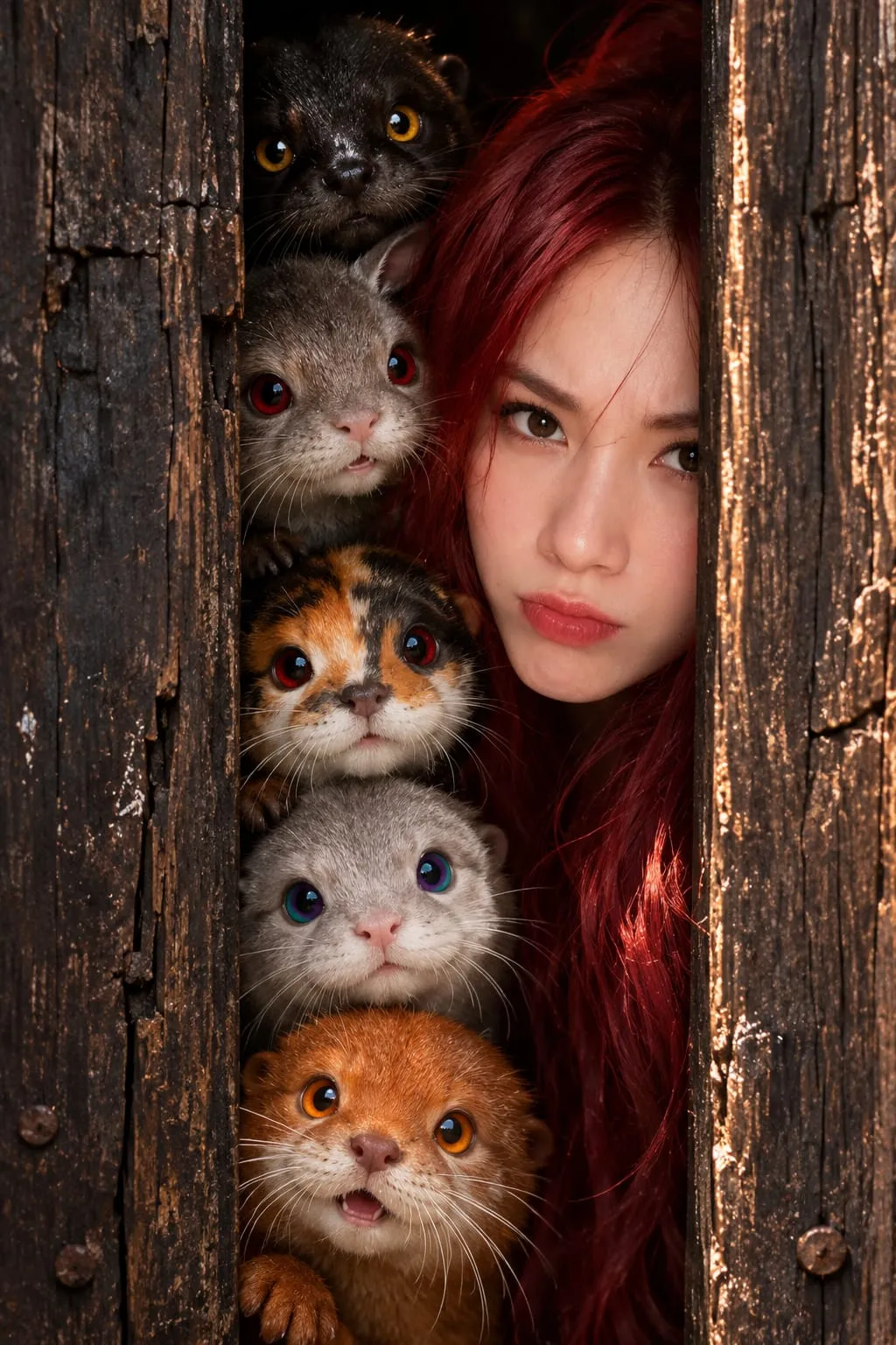 Person and Five Foxes Peeking Through Weathered Wood output 3