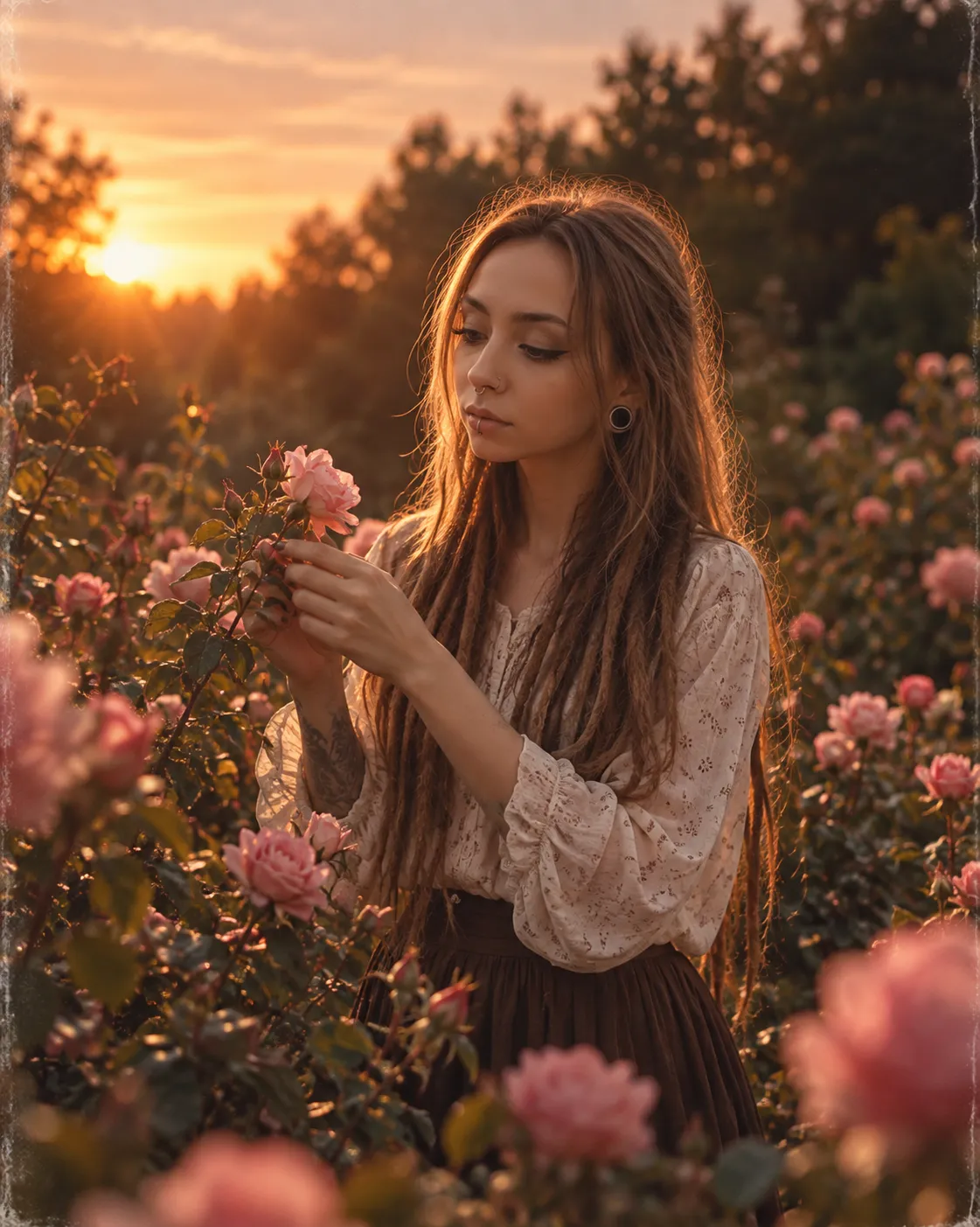 Cinematic Portrait in a Rose Garden at Sunset output 2