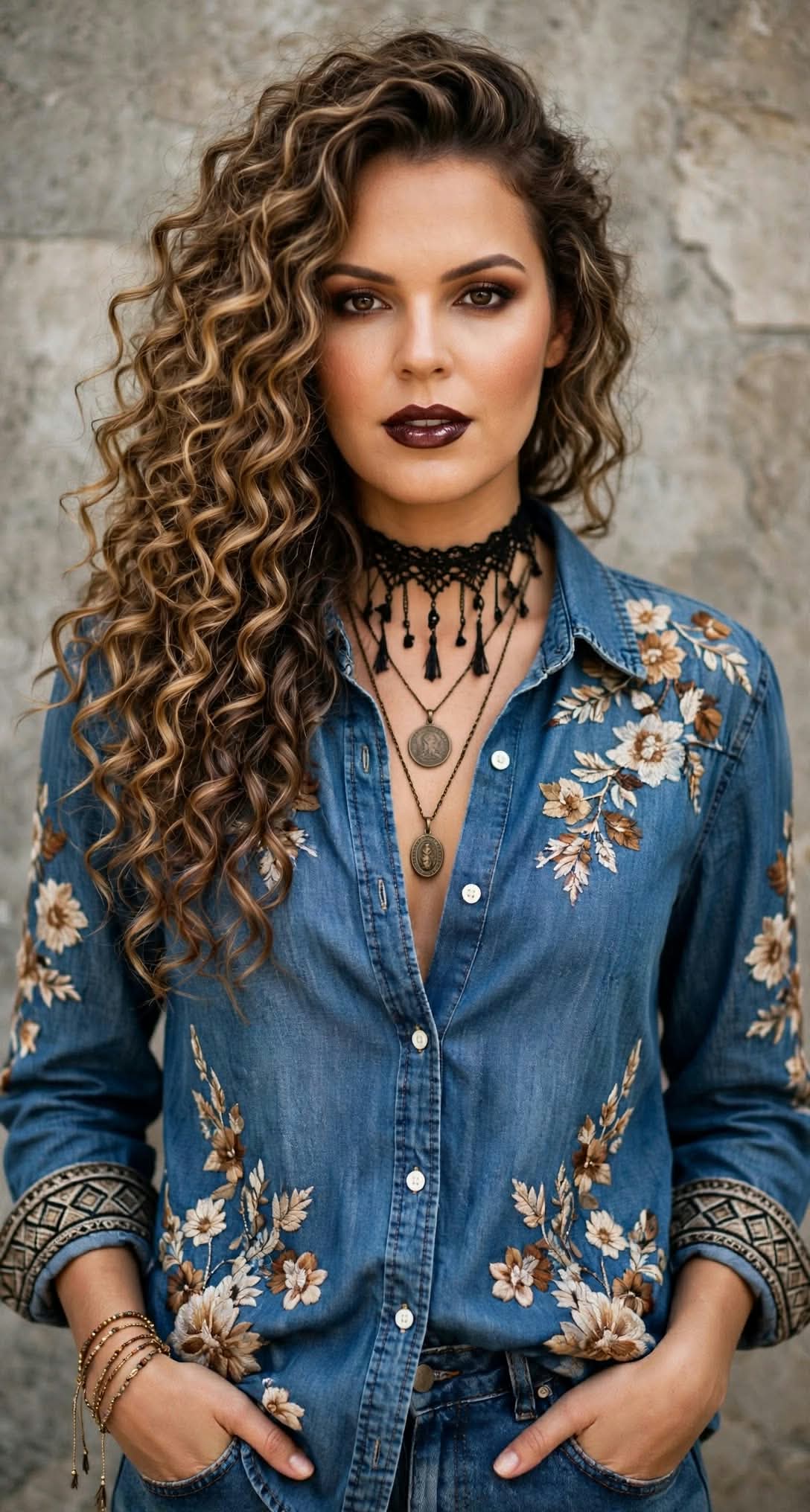 Boho-Chic Embroidered Denim Fashion Portrait