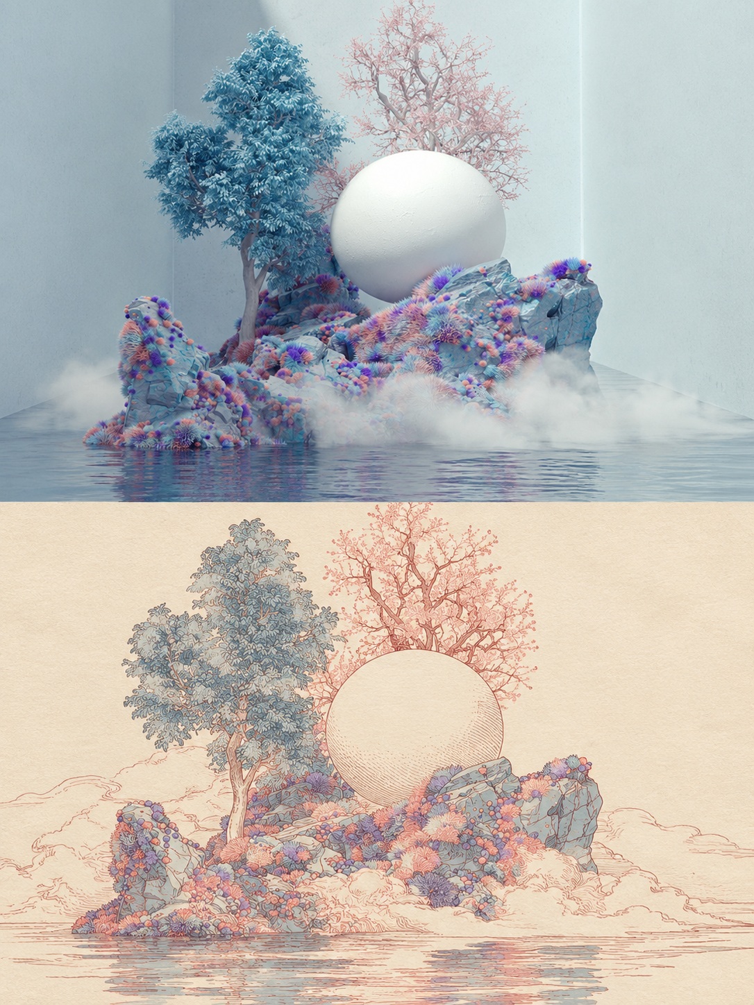 Original Photo and Eastern Line-Art Split Image output 4