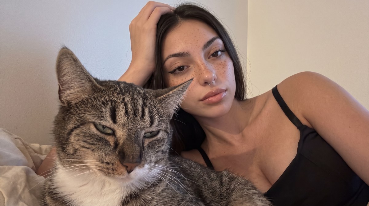 Photorealistic Cat-and-Model Smartphone Selfie output 1