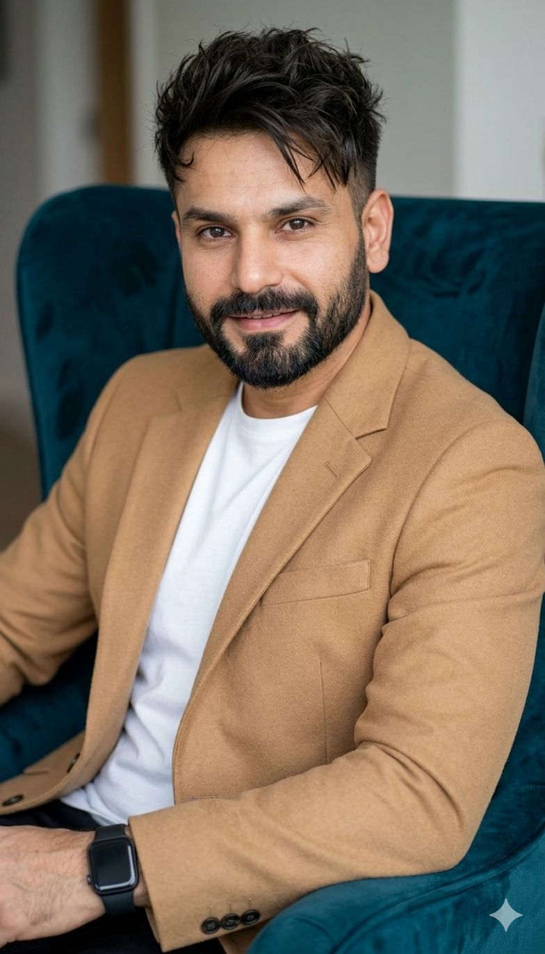 High-Resolution Portrait in a Teal Velvet Armchair