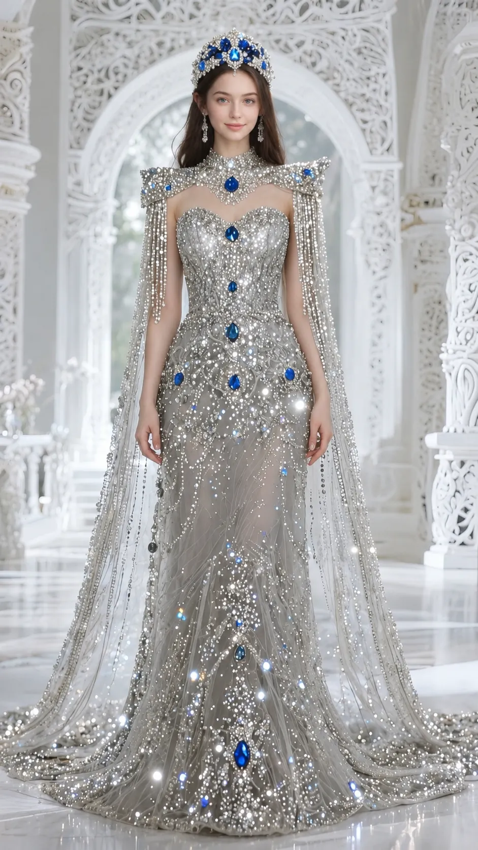 Sapphire Queen in a Silver Crystal Gown