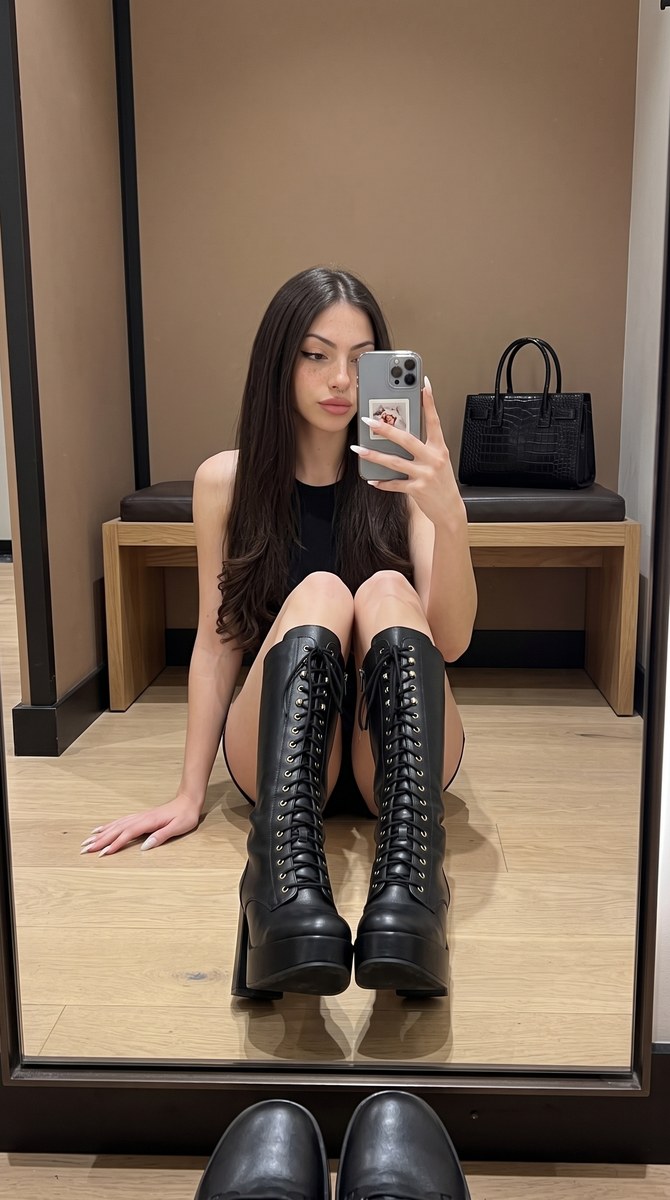 Young Woman’s Realistic Minimalist Bedroom Mirror Selfie output 1