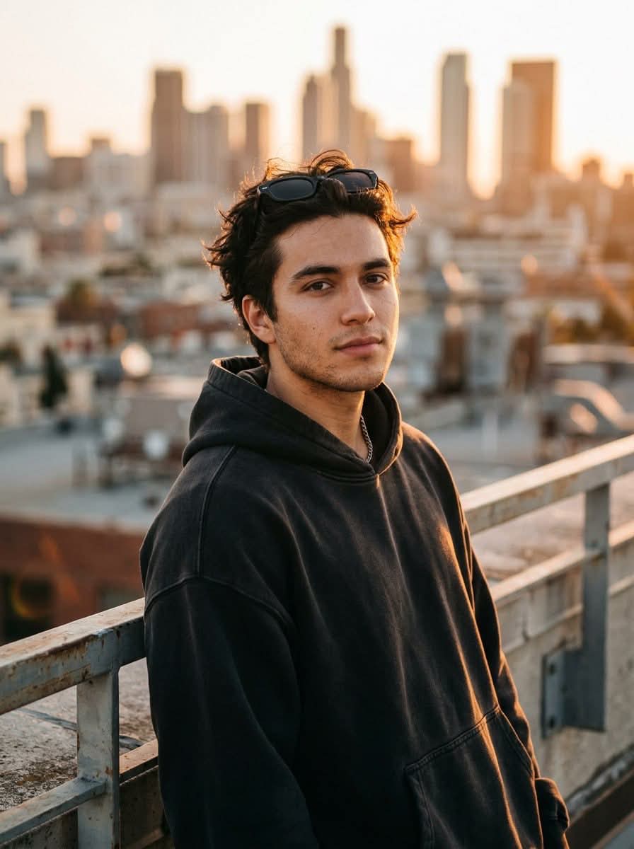 Golden-Hour Rooftop Streetwear Portrait output 2