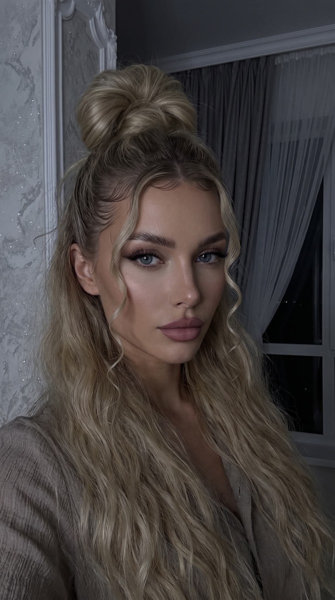 Low-Light Front-Camera Selfie with a High Bun output 3