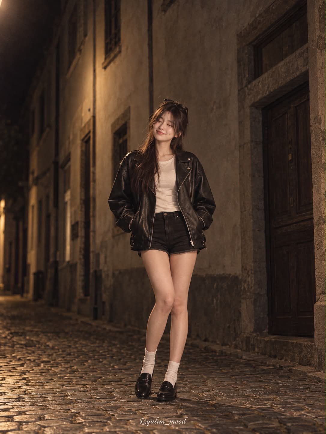 Playful Smile in a Quiet European Lane output 1