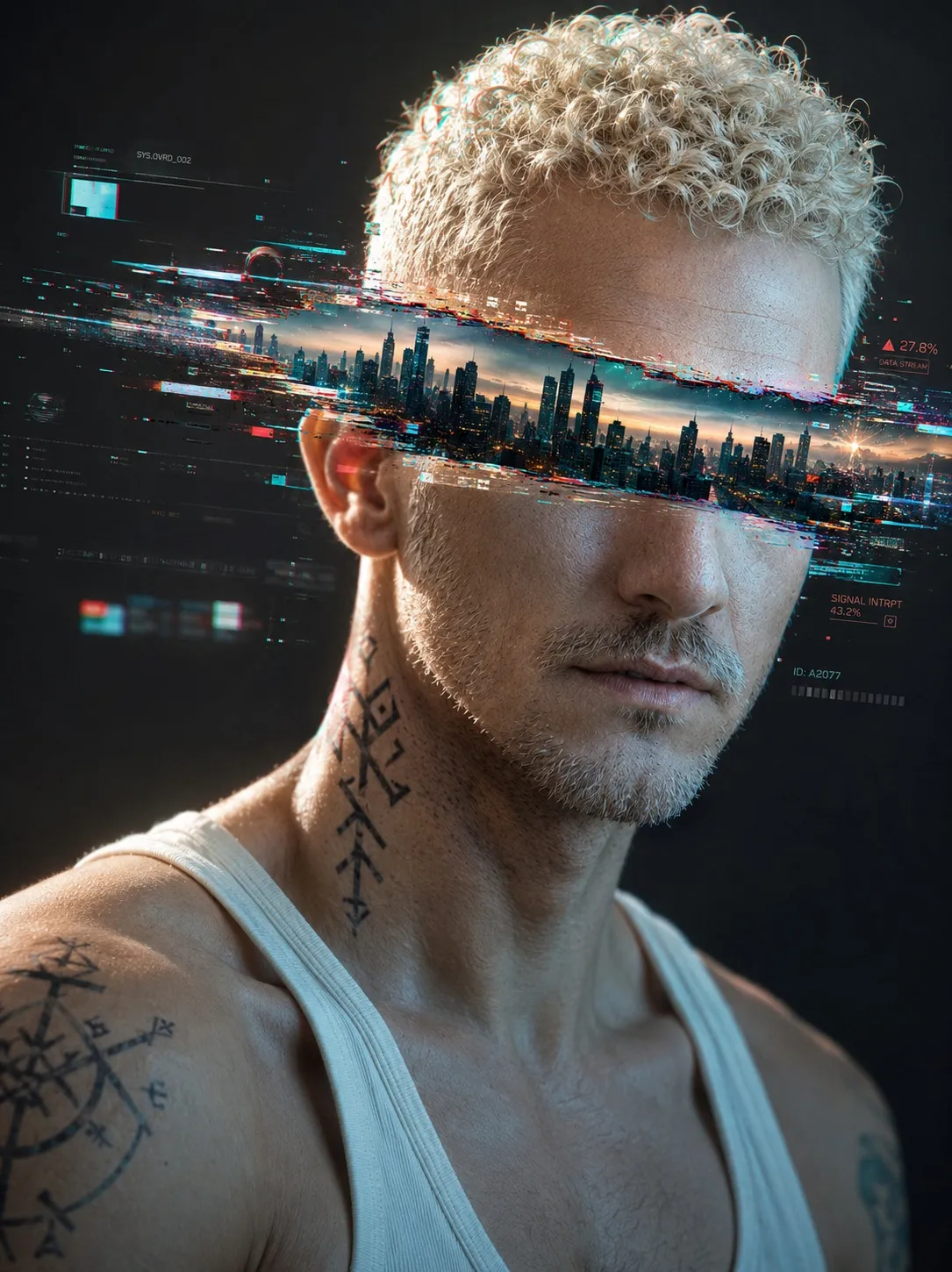 Cyberpunk Glitch Portrait with a City Skyline in the Eyes