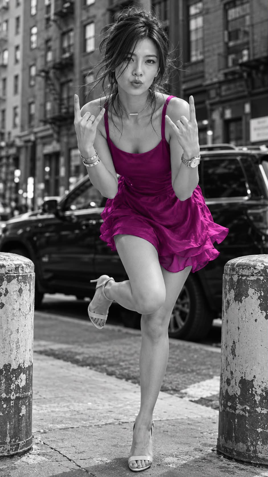 Selective-Color Magenta Street Fashion Portrait