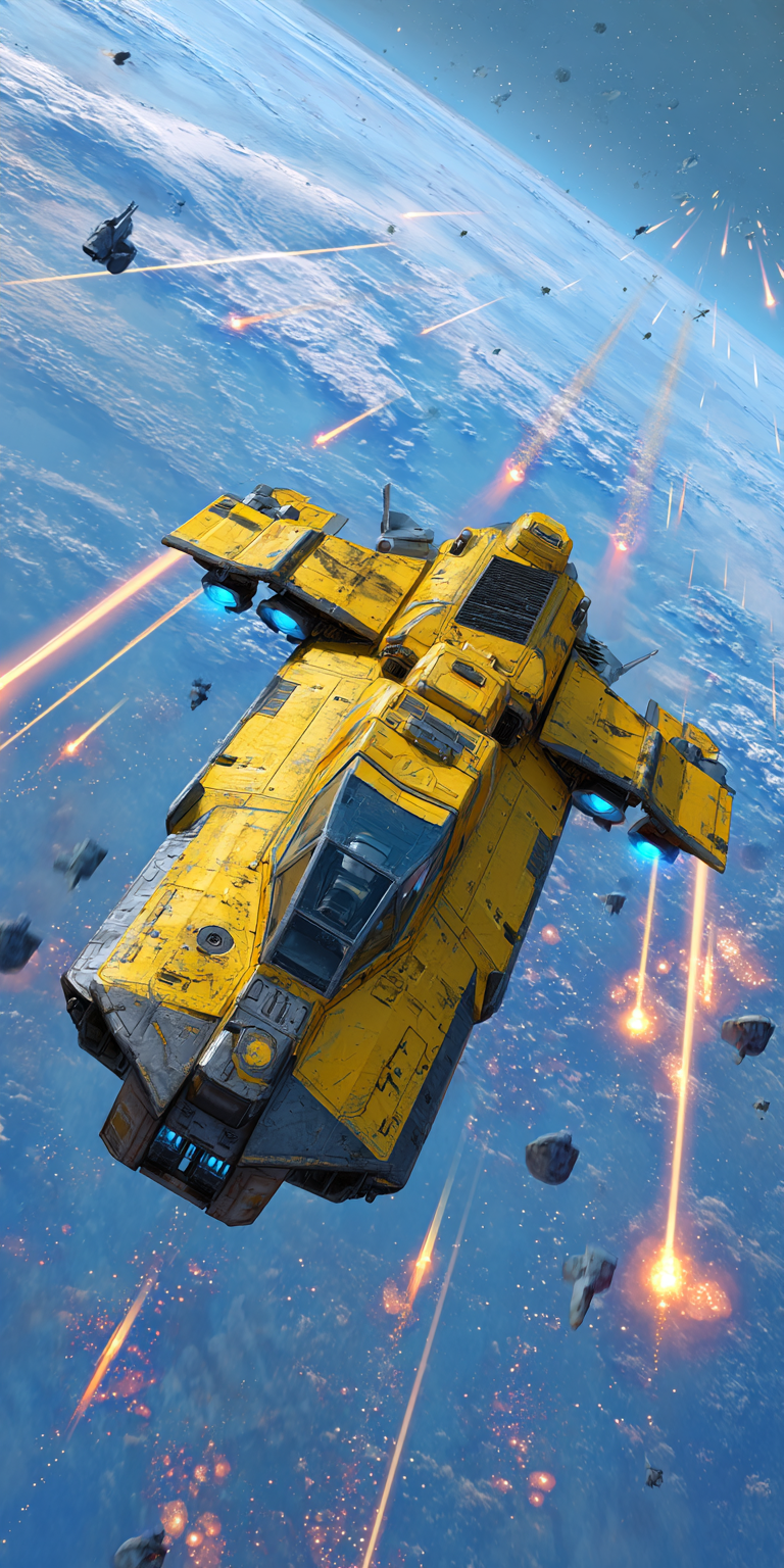 Yellow Apache-Inspired Spaceship in Battle Above a Blue Planet output 1