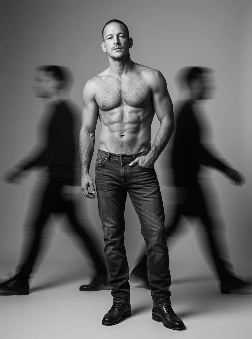 High-Fashion Portrait with Motion-Blurred Figures output 2