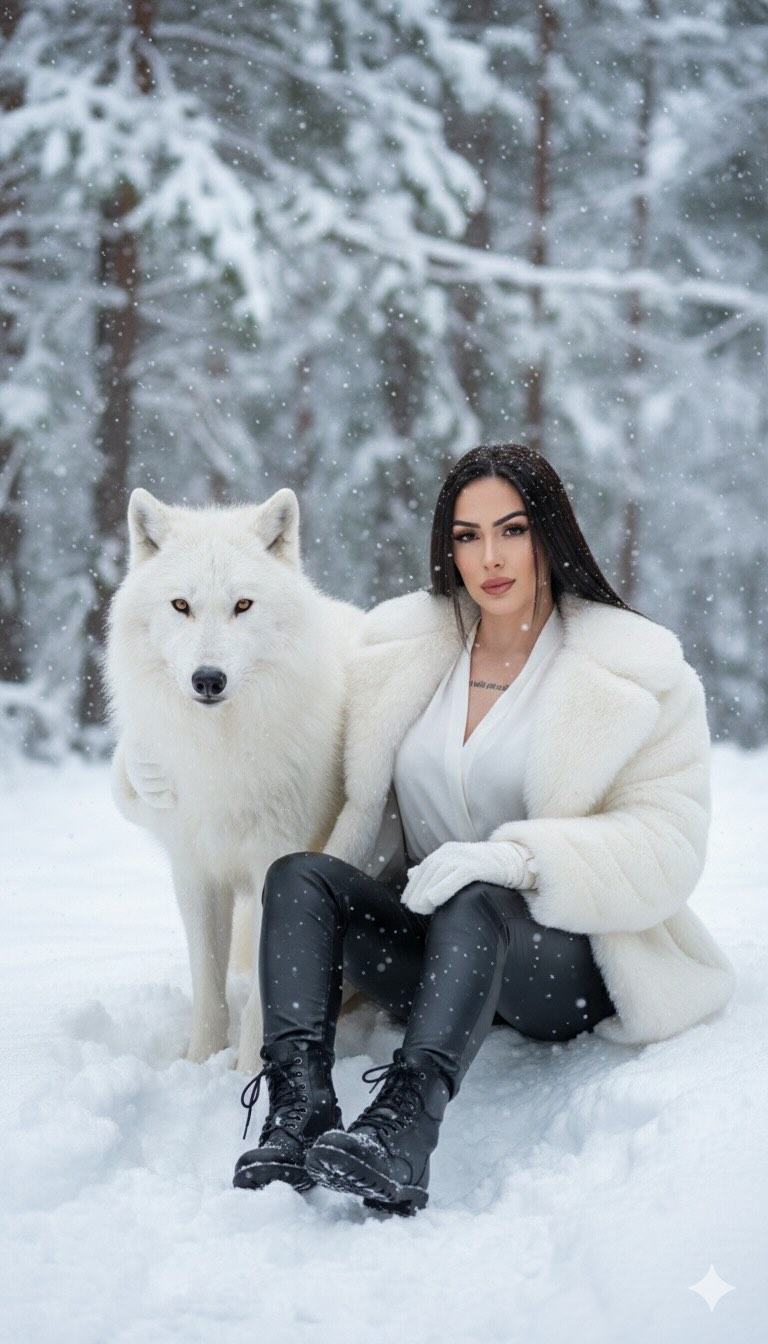 Woman in the Snow with a White Wolf