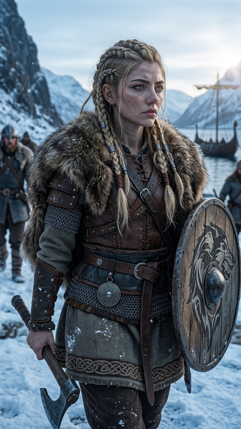 Photorealistic Nordic Shieldmaiden Editorial Portrait output 4