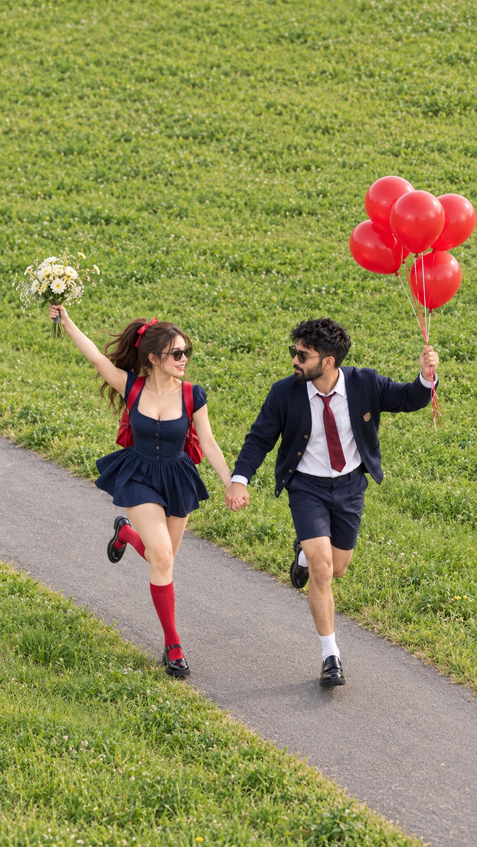 Running Couple with Daisies and Red Balloons