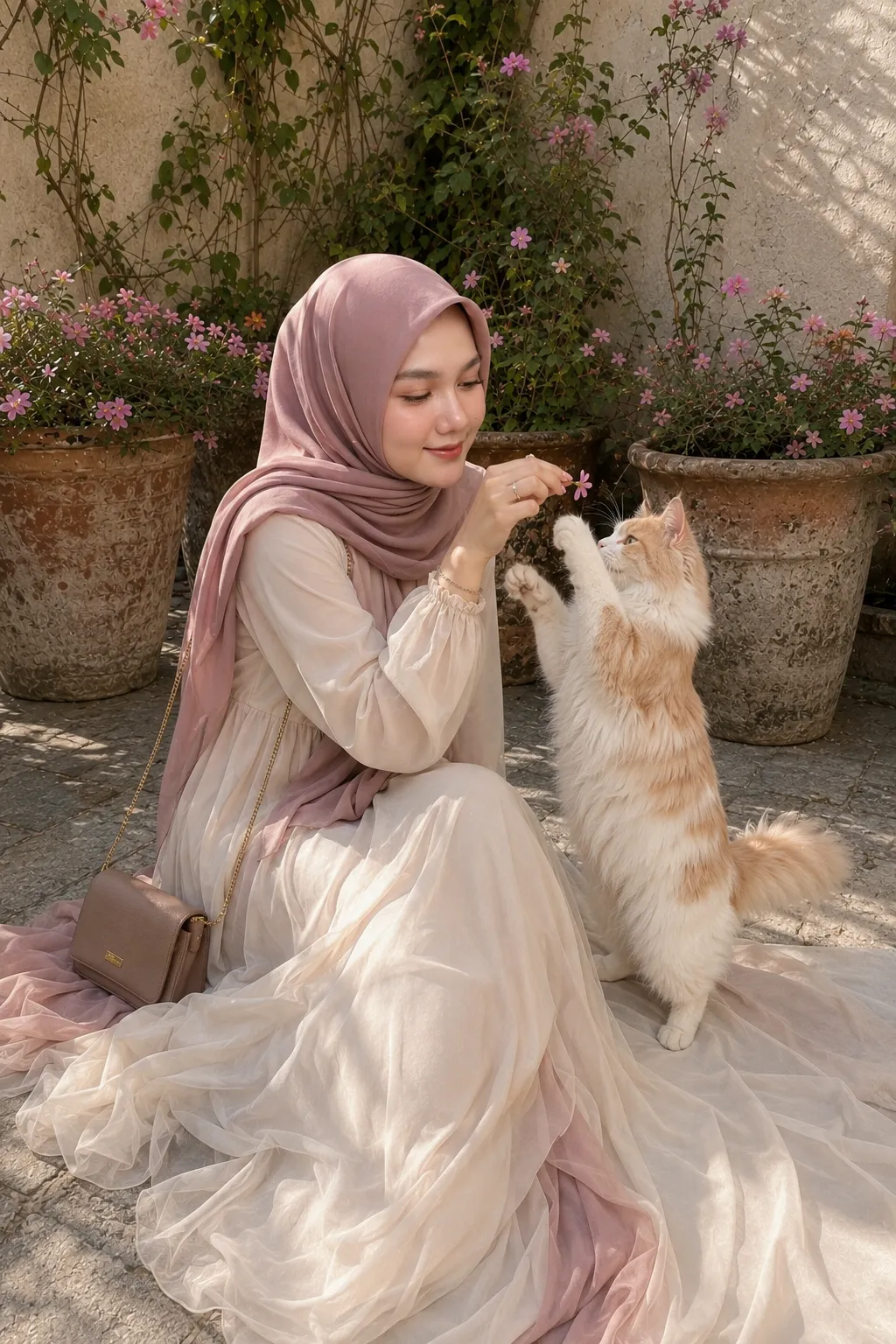 Korean Glass-Skin Garden Portrait with a Cat output 2