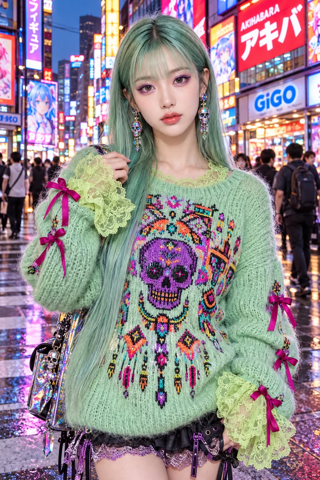 Mint Green Skull-Embroidered Street-Style Portrait