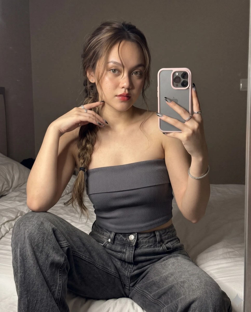 Nighttime Flash Mirror Selfie with a Loose Side Braid output 2