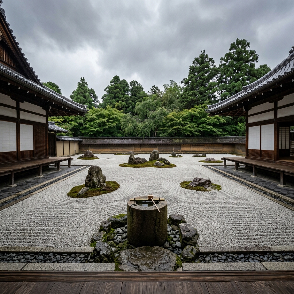 Calm Zen Garden Beneath a Heavy Gray Sky