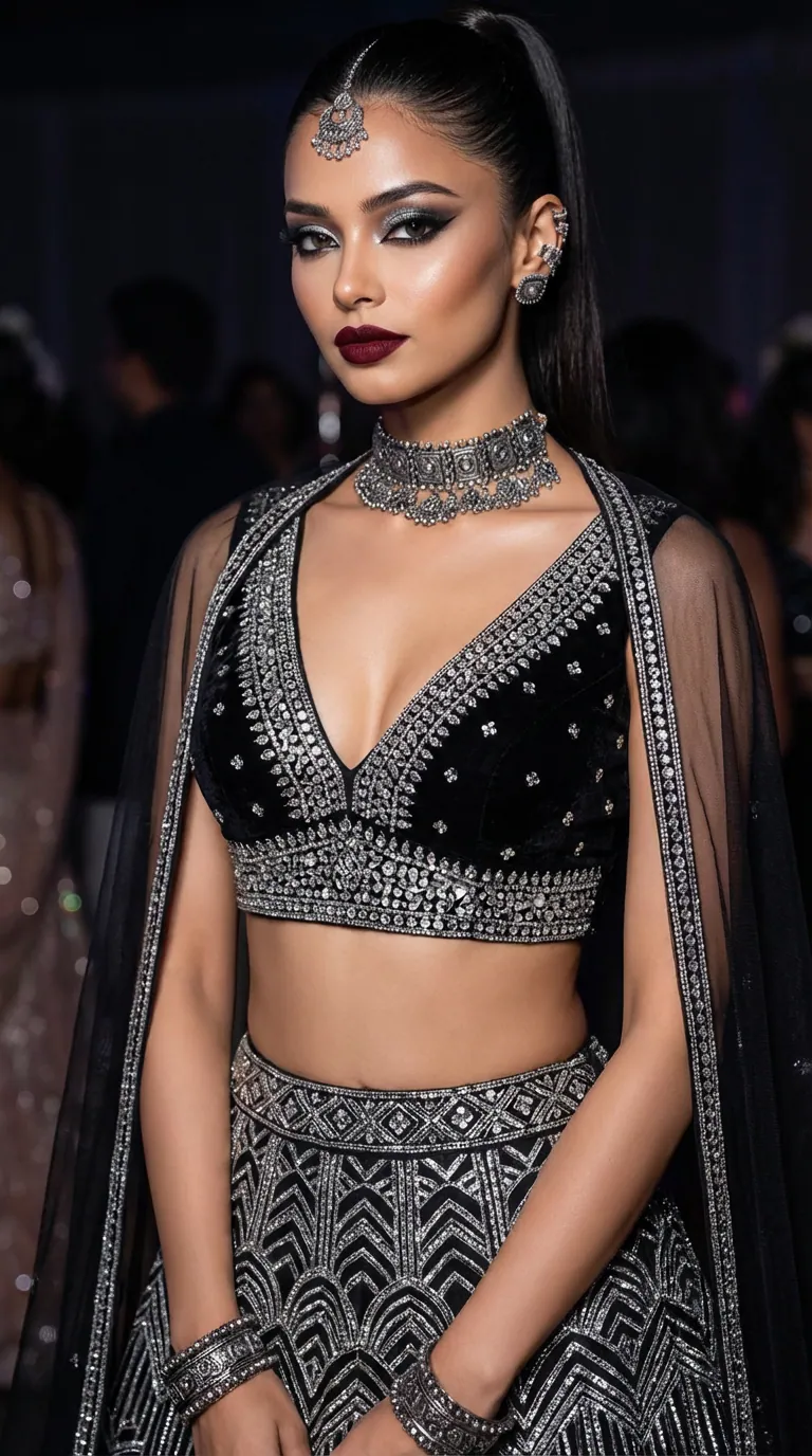 Transform a Portrait into a Black-and-Silver Party Lehenga Look