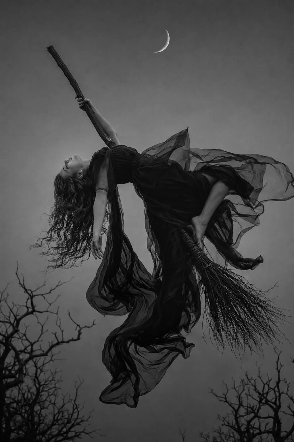 Gothic Witch in Flight — Monochrome Fine-Art Photograph