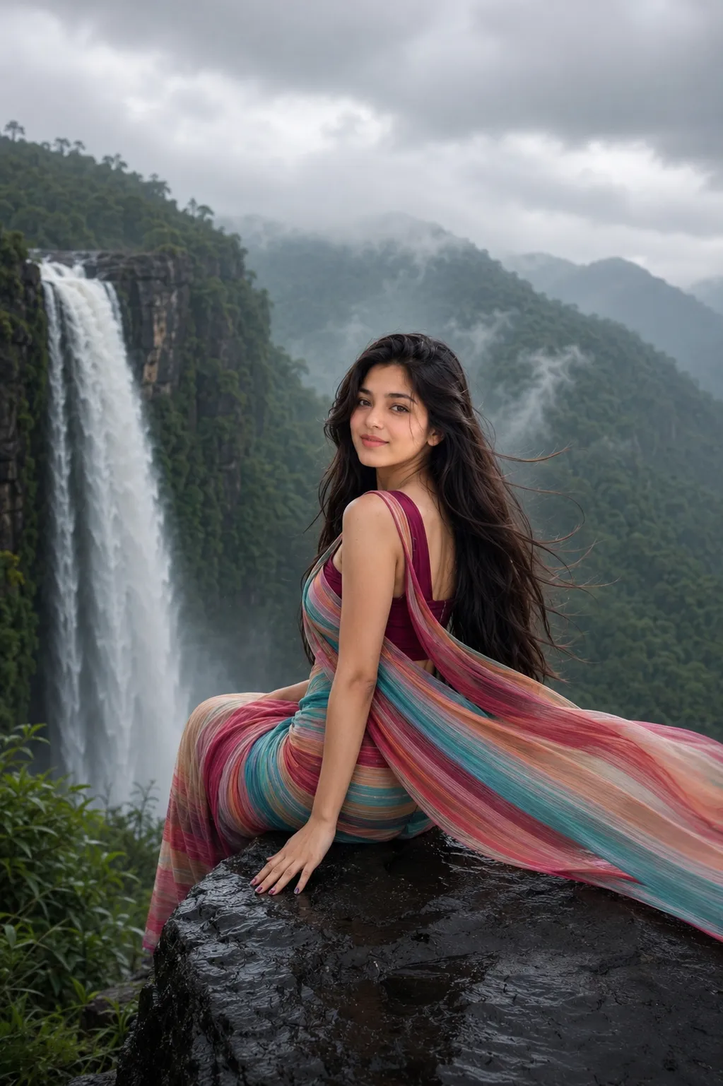 Indian Girl by a Dramatic Waterfall output 2