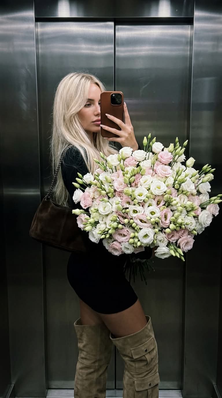 Elevator Mirror Selfie with an Oversized Flower Bouquet