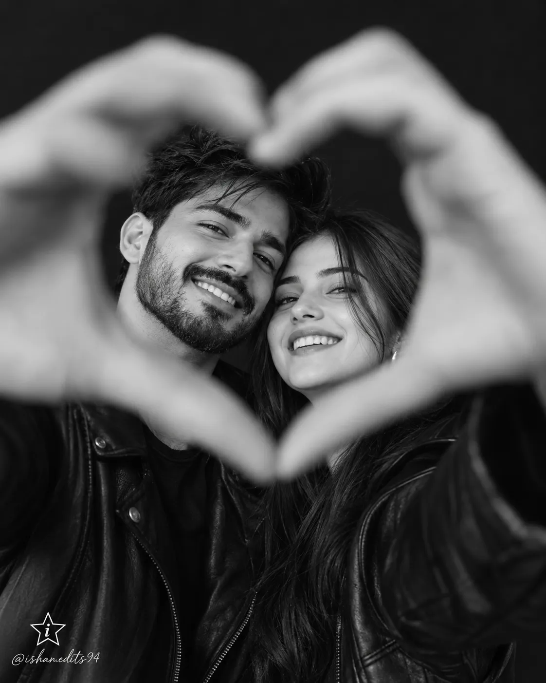 Black-and-White Couple Portrait with Heart-Shaped Hands
