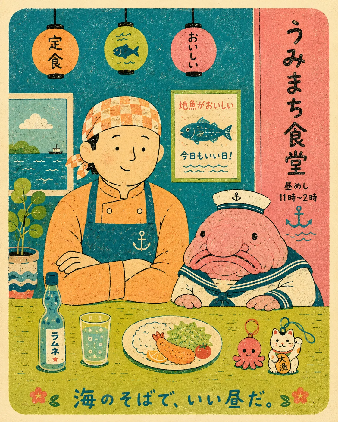 Risograph Café Poster with a Person and Animal output 9