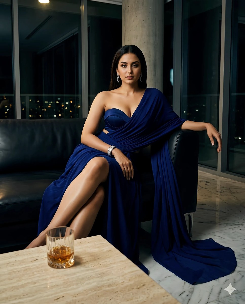 Sapphire Saree Fashion Portrait in a Midnight Penthouse