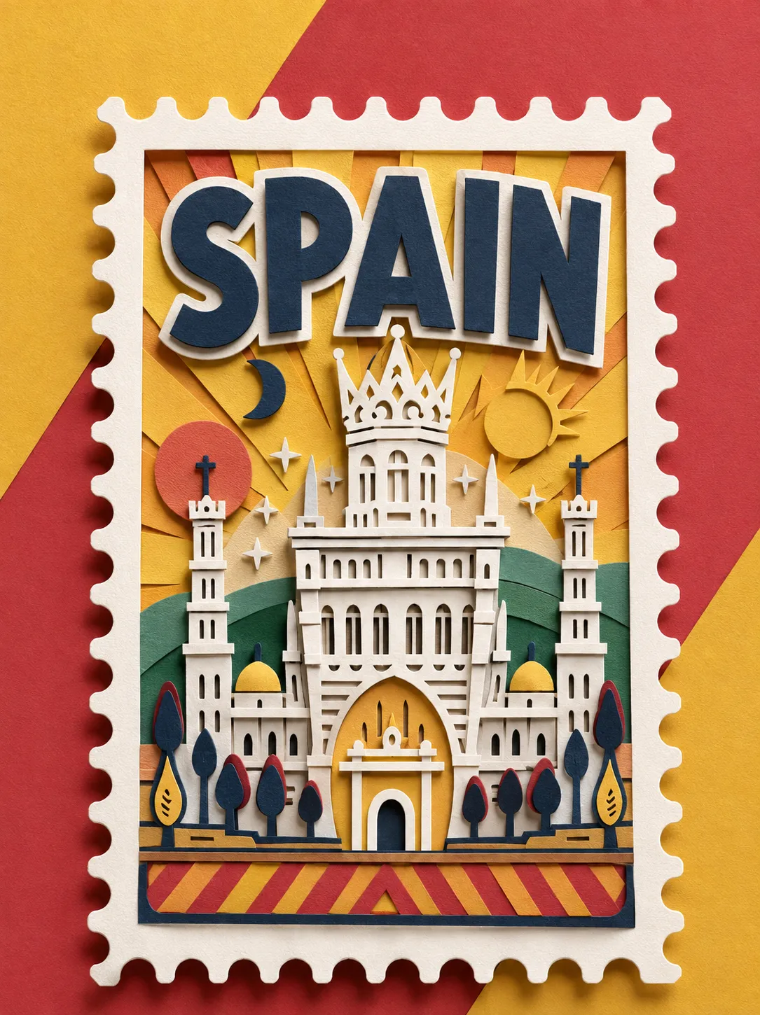 Layered Papercraft Postage Stamp Travel Poster