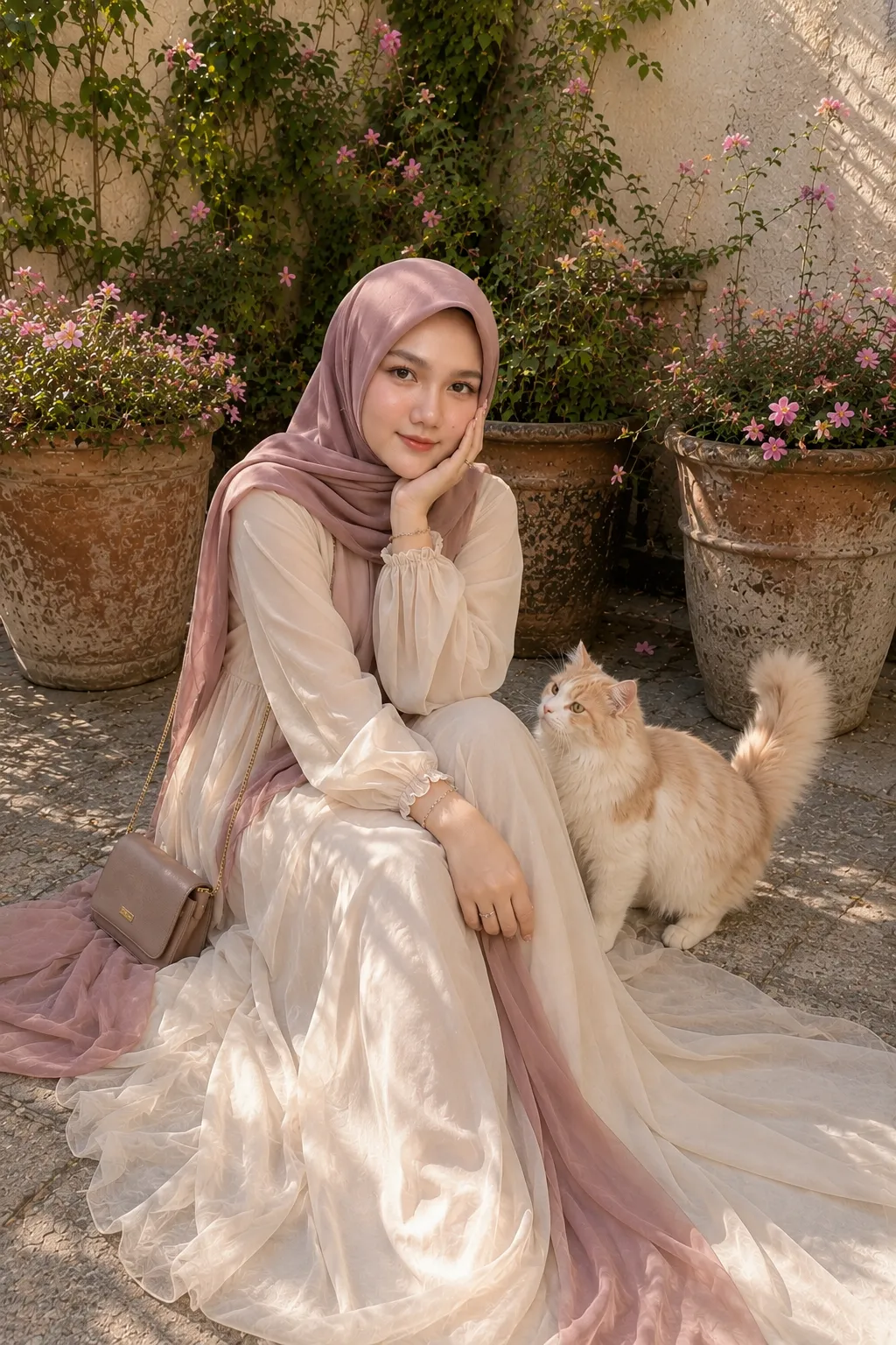 Korean Glass-Skin Garden Portrait with a Cat