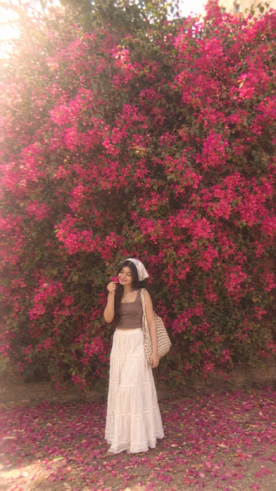 Vintage Digicam Portrait at a Bougainvillea Wall