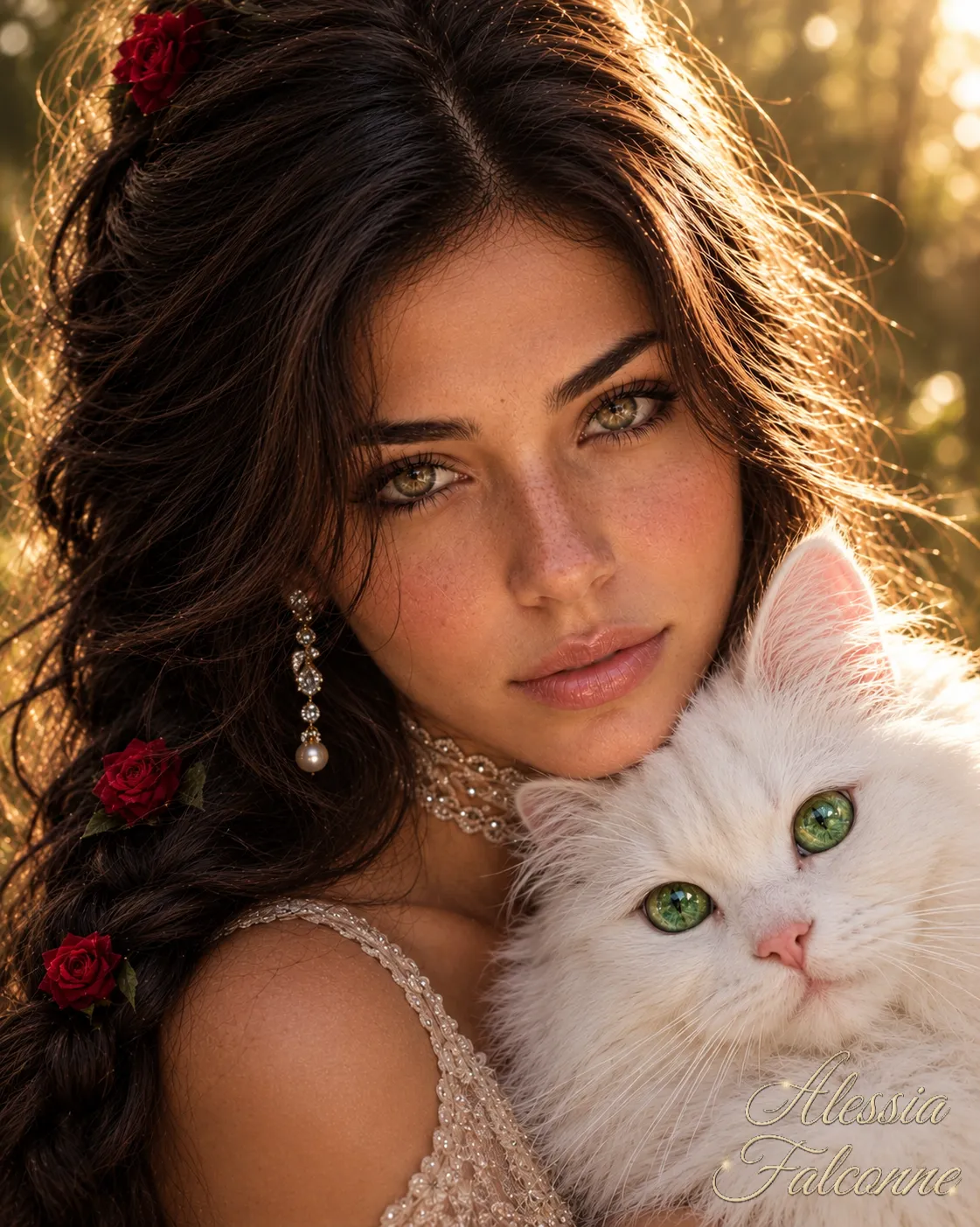 Romantic Fantasy Portrait of a Woman Embracing a White Cat