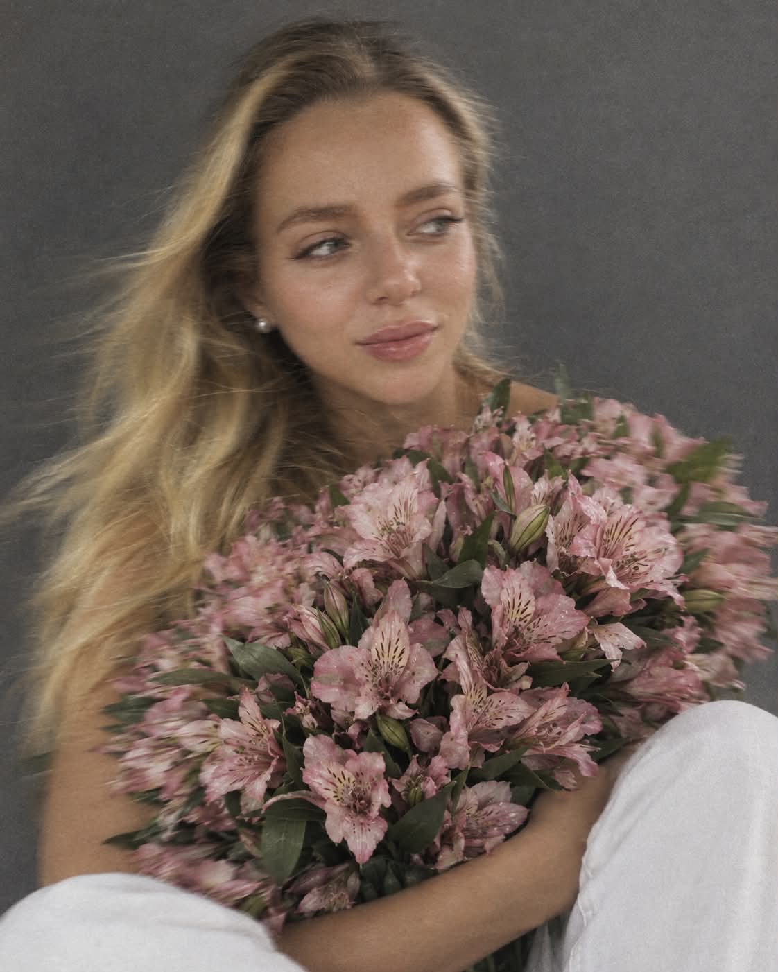 Candid Portrait with a Pink Alstroemeria Bouquet