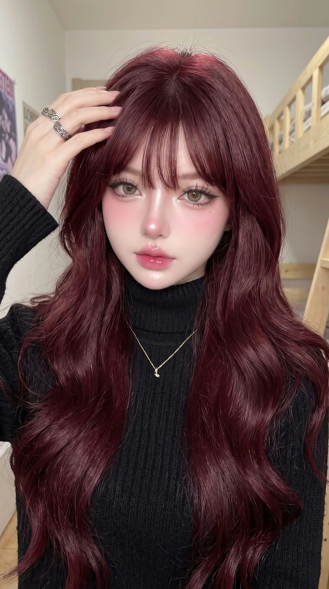 Glossy Burgundy-Hair Portrait with Douyin Makeup output 1