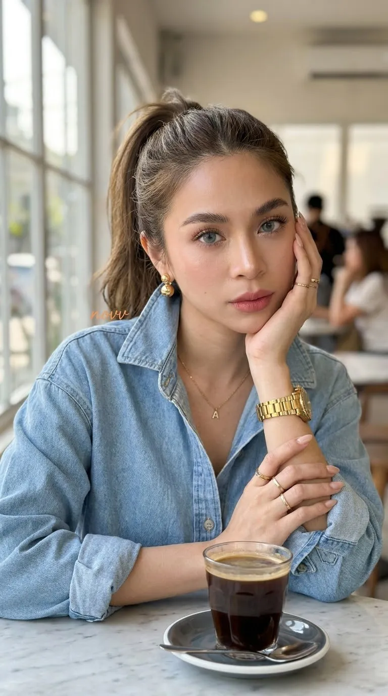 Natural Morning Café Portrait in Light Blue Denim output 1