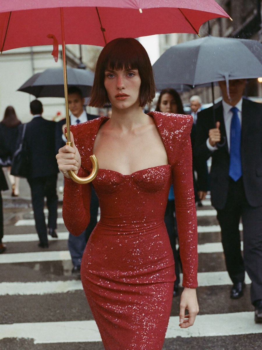 Rainy Street Fashion Portrait with Red Umbrella output 2