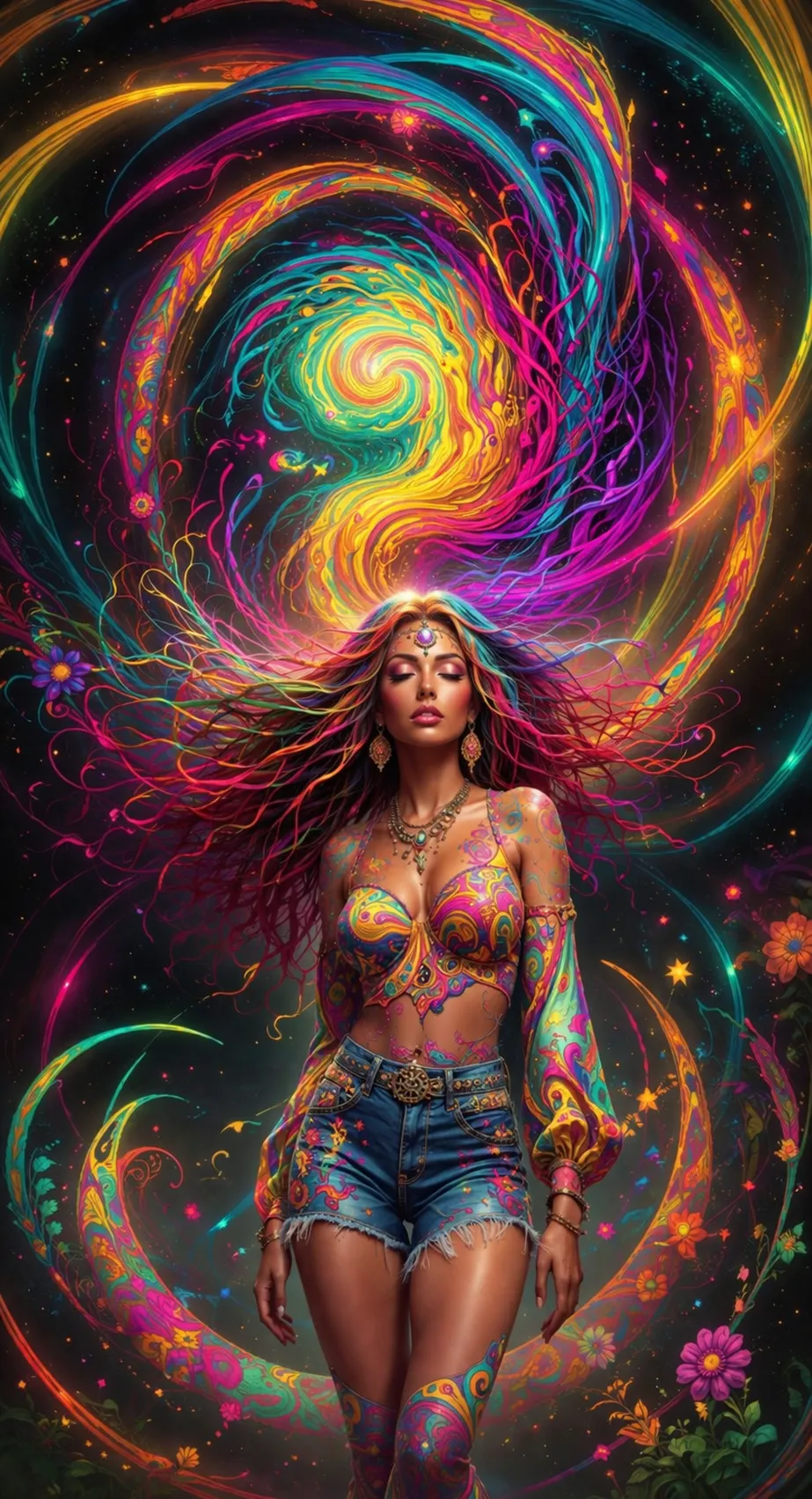 Mystical Bohemian Portrait with Aurora Hair