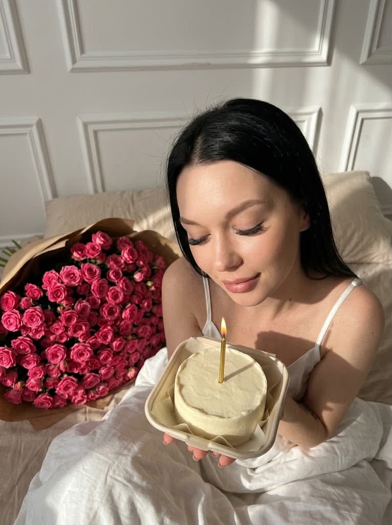 Candlelit Bento Cake and Rose Bouquet Portrait